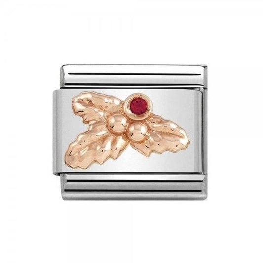 Classic Rose Gold Red Zirconia Holly Leaves Charm