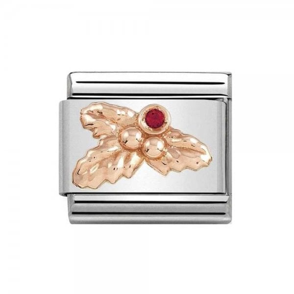 Classic Rose Gold Red Zirconia Holly Leaves Charm