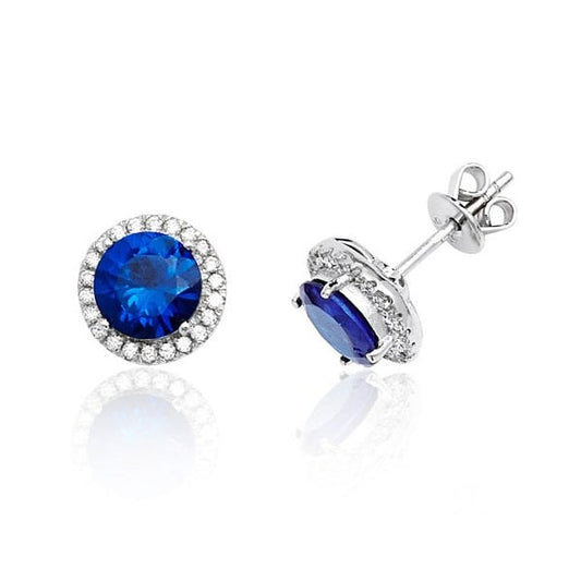 Silver Claw Set Halo Style Round Blue Studs