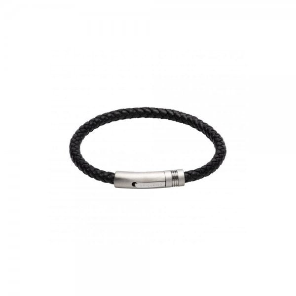 Black Leather Bracelet - Matte Steel Clasp 23cm