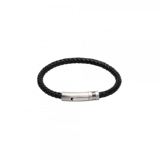 Black Leather Bracelet - Matte Steel Clasp 23cm