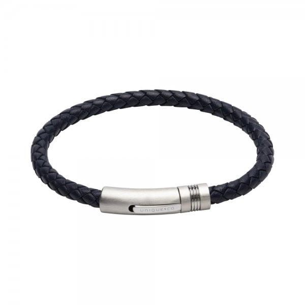 Navy Leather Bracelet - Matte Steel Clasp 23cm