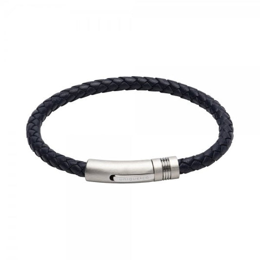 Navy Leather Bracelet - Matte Steel Clasp 23cm