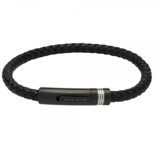 Black Leather Bracelet 21cm - Black IP Plating