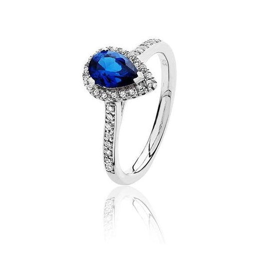 SILVER SMALL CLAW SET PEAR SHAPE HALO STYLE BLUE CZ RING RHODIUM PLATED - SIZE R