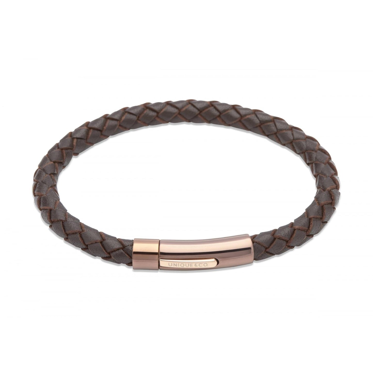 Brown leather bracelet with rose steel IP Plating