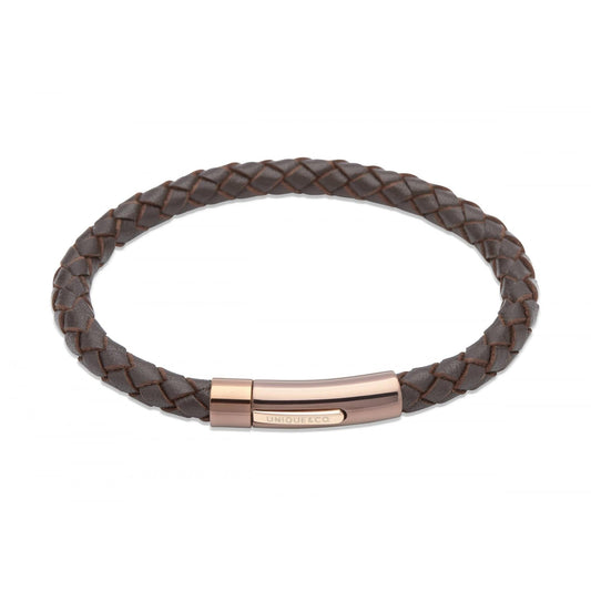 Brown leather bracelet with rose steel IP Plating