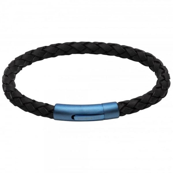 Leather bracelet with blue steel clasp