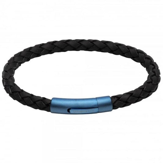 Leather bracelet with blue steel clasp
