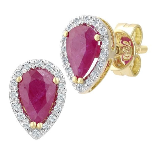 Diamond0.07ct, Ruby, 18ct Gold Earrings