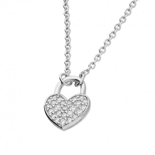 SIL.NECKLACE: 38-41CM CZ HEART PADLOCK