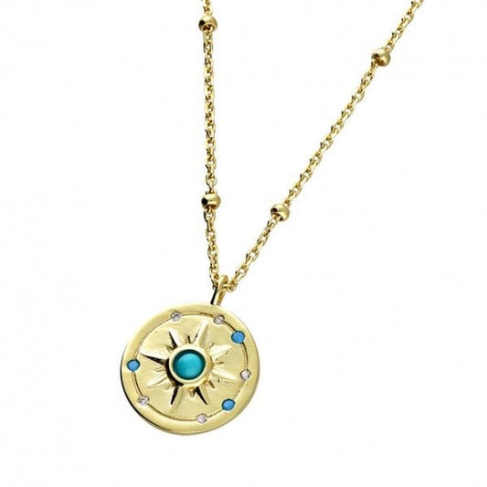 SIL.NECKLACE: 45CM GLD SUN DISC/CZ/TURQ