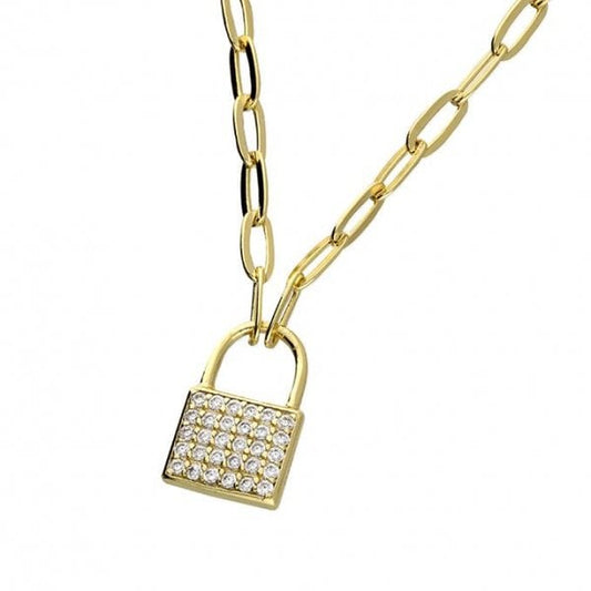 SIL.NECKLACE: 38CM CZ SQUARE PADLOCK ON CHN