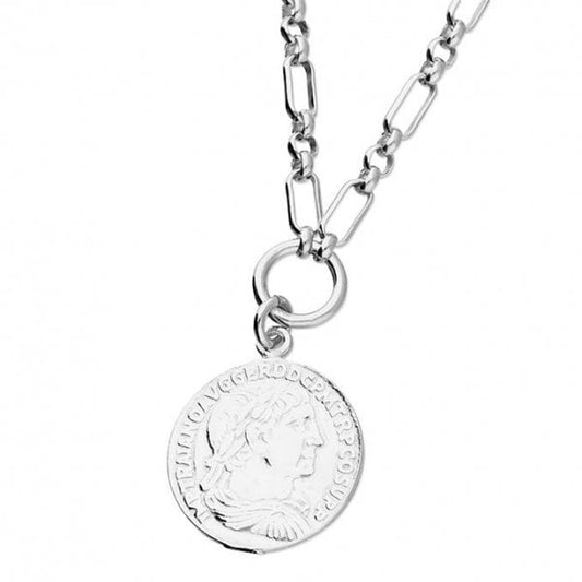 SIL.NECKLACE: COIN RND/PAPER LINK