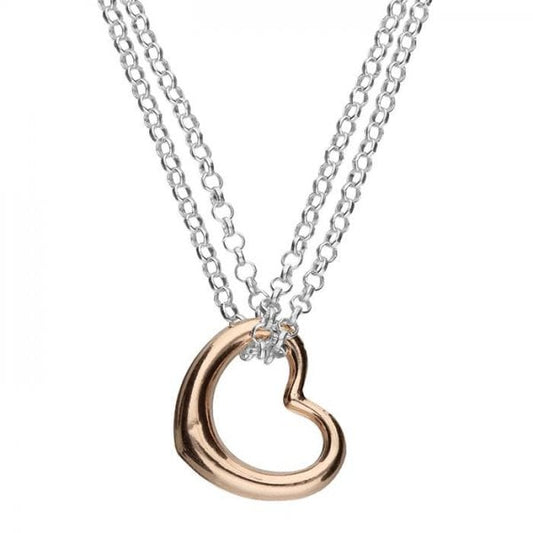 SIL.NECKLACE: 42CM 2-TONE HEART/DBL CHAIN
