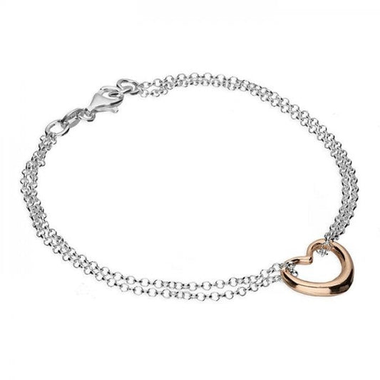 SIL.BRACELET:19CM 2-TONE HEART/DBL CHAIN