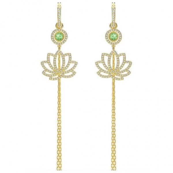 Symbolic Lotus Pierced Earrings, Green, Gold-tone
