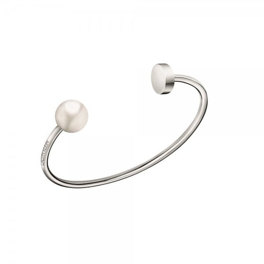 Ladies Bubbly Stainless Steel & Pearl Open Bangle - Size M