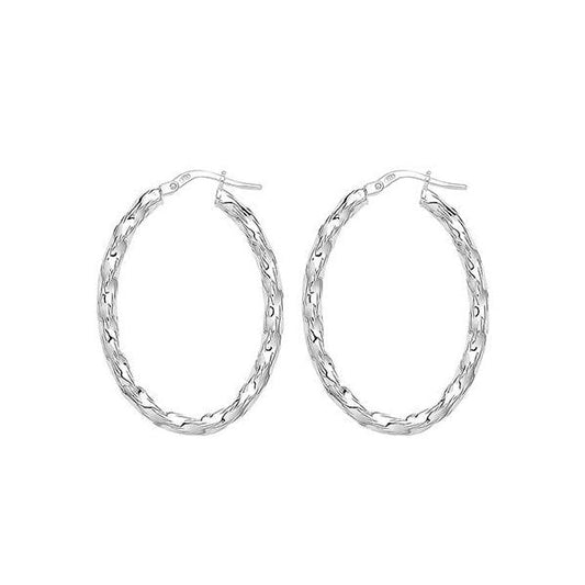 Silver Oval Diamond Cut Hoop Earrings