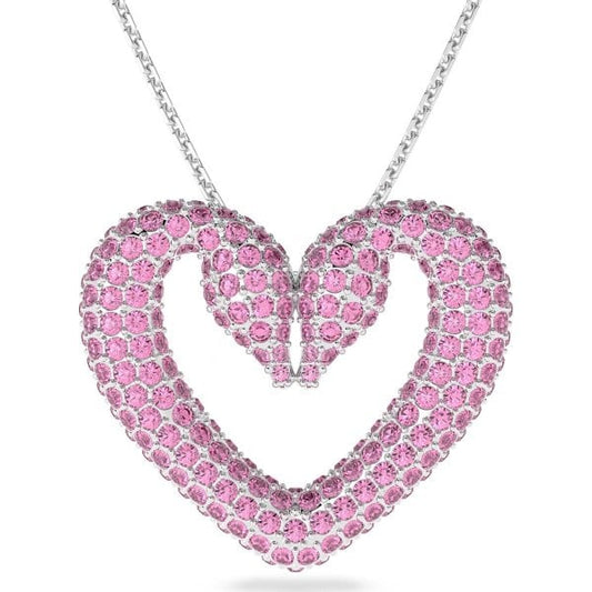 Una pendant, Heart, Medium, Pink, Rhodium plated