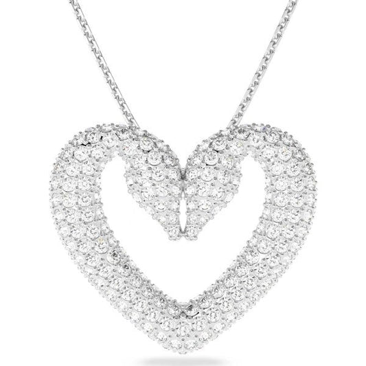 Una pendant, Heart, Medium, White, Rhodium plated