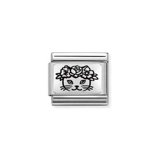 Silver Cat Flowers Charm