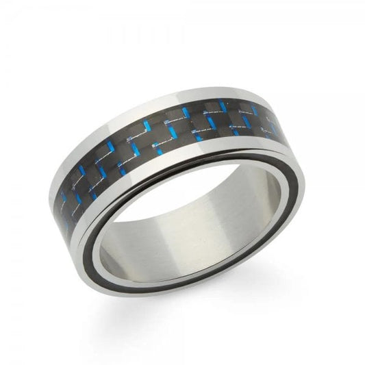Steel Ring w/ Blue Carbon Fibre 8mm- Size 64 Gents