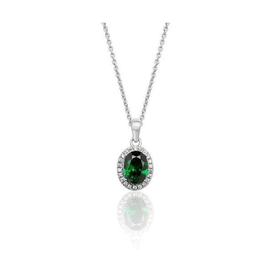 Silver Halo Style Pendant & Chain - Green CZ
