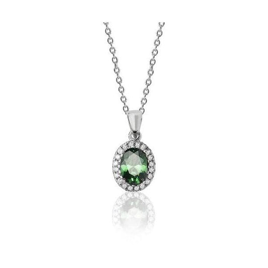 Silver, Green & White Pendant & Chain - with CZ