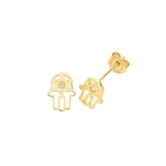 9ct Yellow Gold CZ Hamsa Stud Earrings