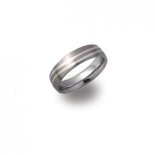 steel ring with silver inlay
