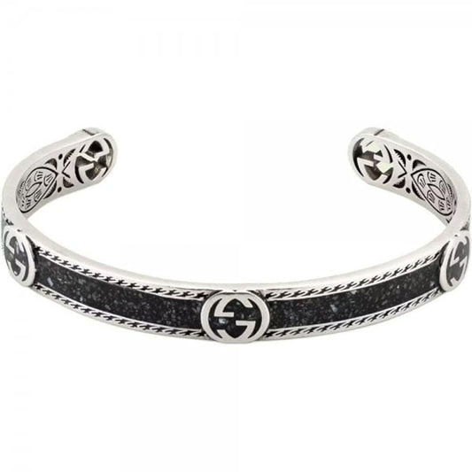 Interlocking G Black Enamel Silver Bangle- Size 17
