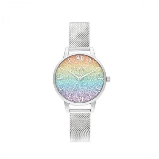 Rainbow Glitter Midi Dial Silver Mesh Watch