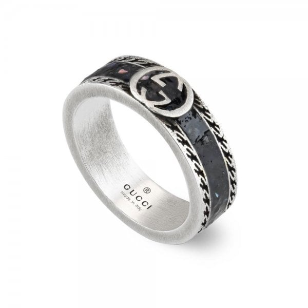 Gucci Interlocking Ring 6mm Black Enamel - Size 18