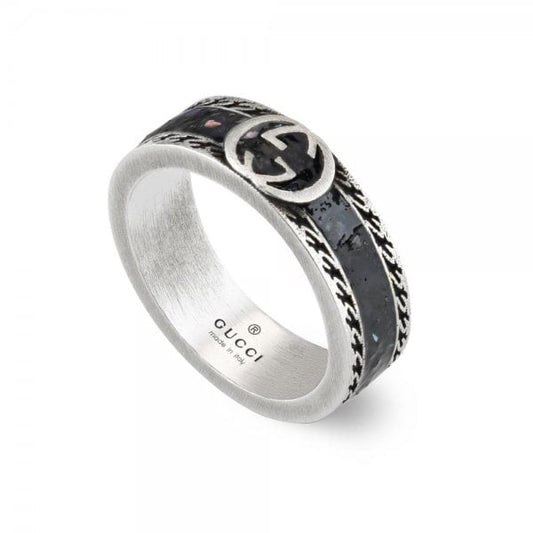 Gucci Interlocking Ring 6mm Black Enamel - Size 18
