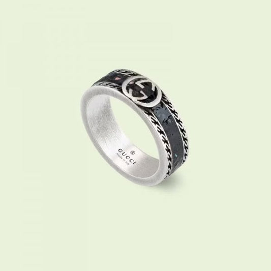 Gucci Interlocking Ring 6mm Black Enamel - Size 18