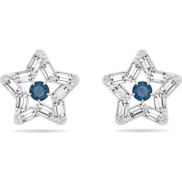 Stella stud earrings, Star, Blue, Rhodium plated