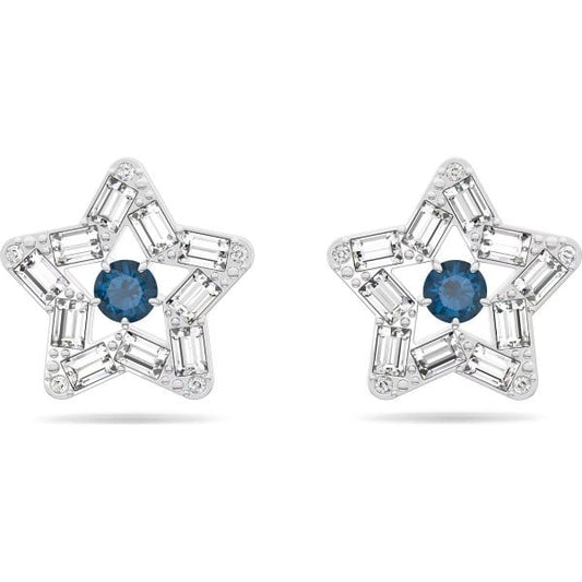Stella stud earrings, Star, Blue, Rhodium plated