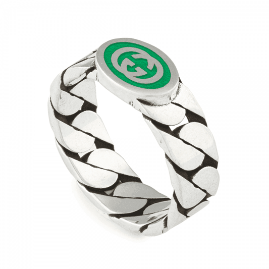 Interlocking G Ring- Silver & Green Enamel SIZE 13