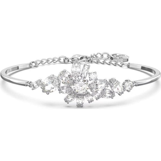 Gema bangle, Flower, White, Rhodium plated