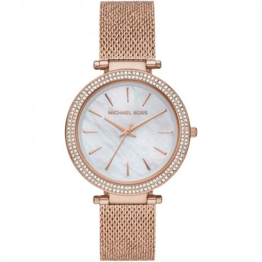 Darci Mother Of Pearl Crystal Rose Gold Plated Mesh Strap Ladies Watch