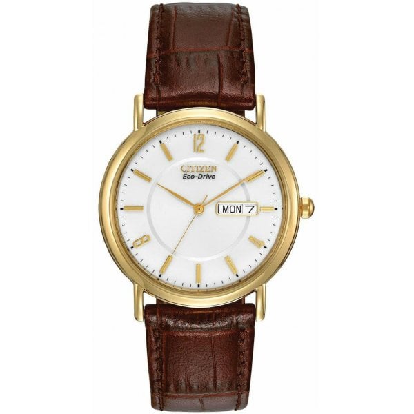 Gents Gold Tone Leather Strap EcoDrive Watch