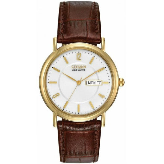 Gents Gold Tone Leather Strap EcoDrive Watch