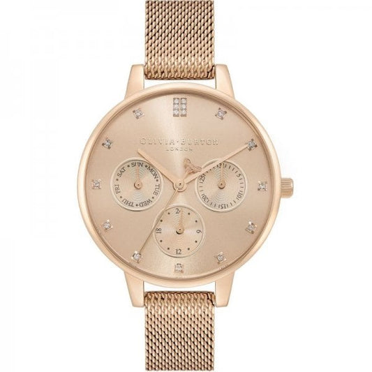 Multifunction 34mm Carnation Gold Mesh Watch