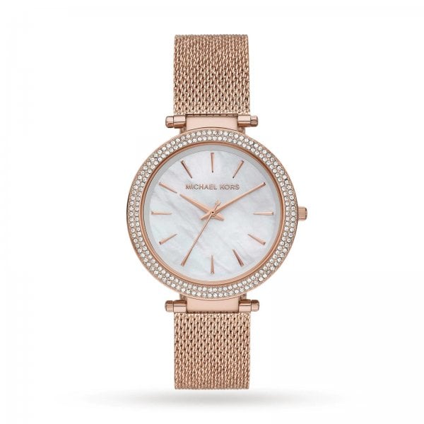 Darci Mother Of Pearl Crystal Rose Gold Plated Mesh Strap Ladies Watch
