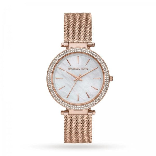 Darci Mother Of Pearl Crystal Rose Gold Plated Mesh Strap Ladies Watch