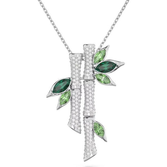 Dellium necklace, Bamboo, Green, Rhodium plated