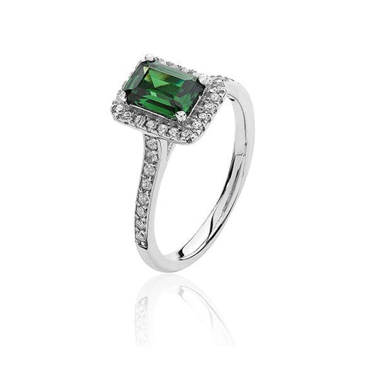 Silver, CZ & Green Ring - SIZE R