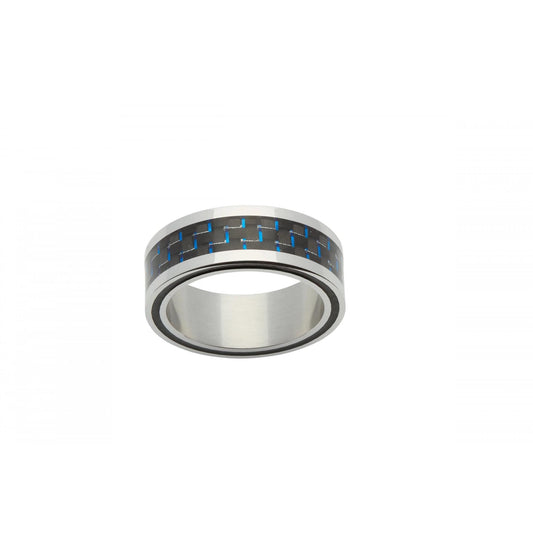 Gents Steel Ring with Blue Carbon Fibre - Size 62
