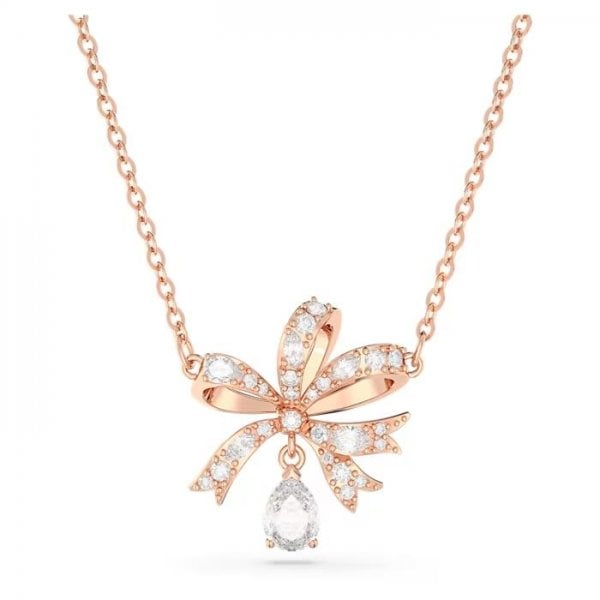 Volta necklace, Bow, Small, White, Rose gold-tone
